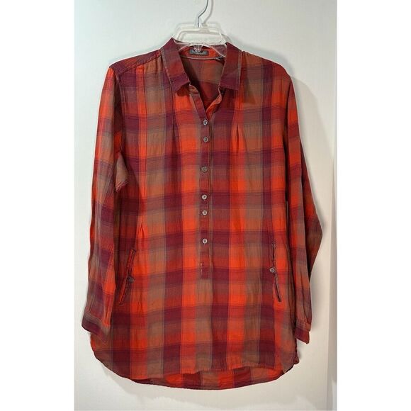 Toad & Co organic cotton women’s orange plaid 3/4 button tunic size L. #31-1815 - Picture 1 of 7